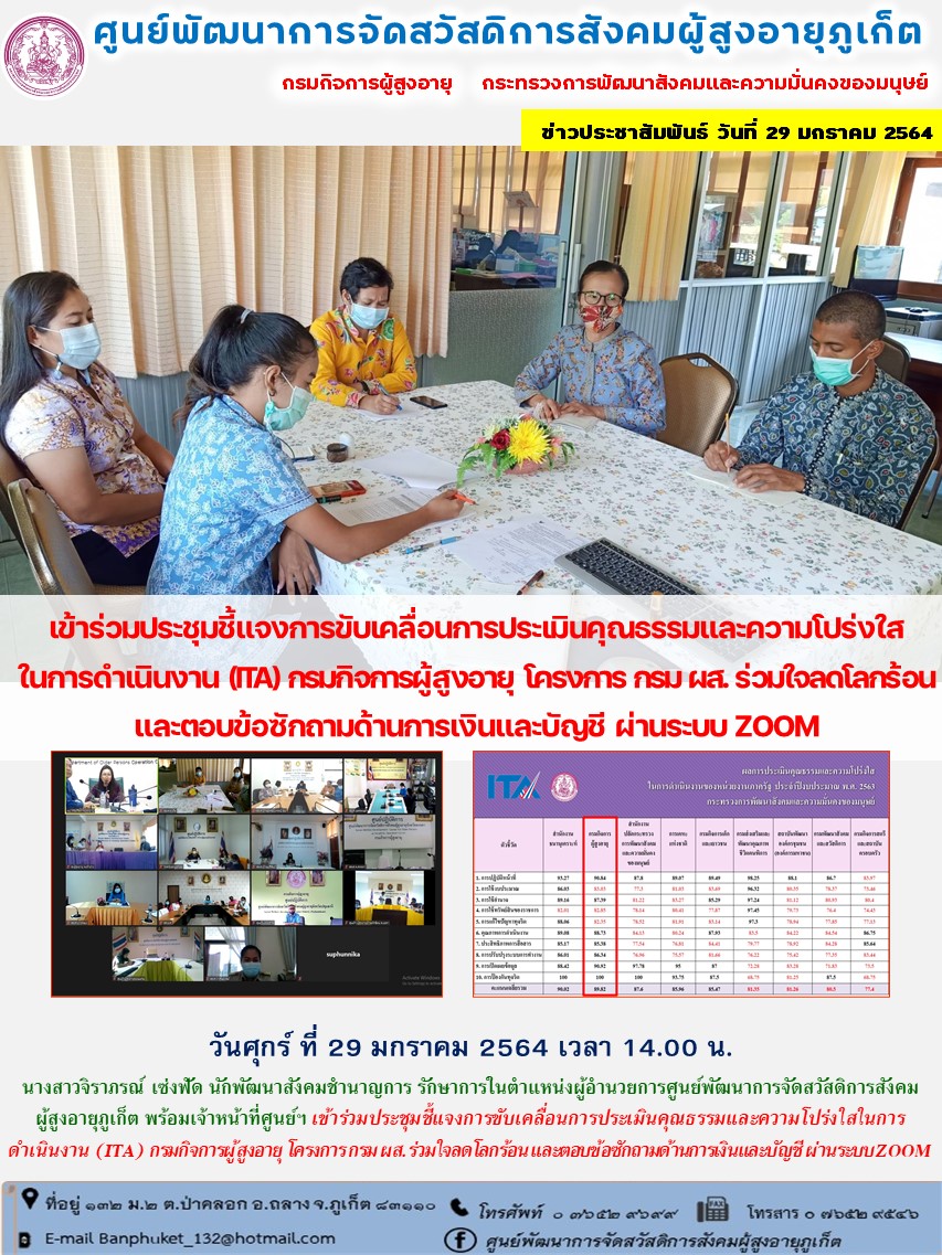  เข้าร่วมประชุมชี้แจงการขับเคลื่อนการประเมินคุณธรรมและความโปร่งใสในการดำเนินงาน (ITA) กรมกิจการผู้สูงอายุ โครงการ กรม ผส. ร่วมใจลดโลกร้อน และตอบข้อซักถามด้านการเงินและบัญชี ผ่านระบบ ZOOM